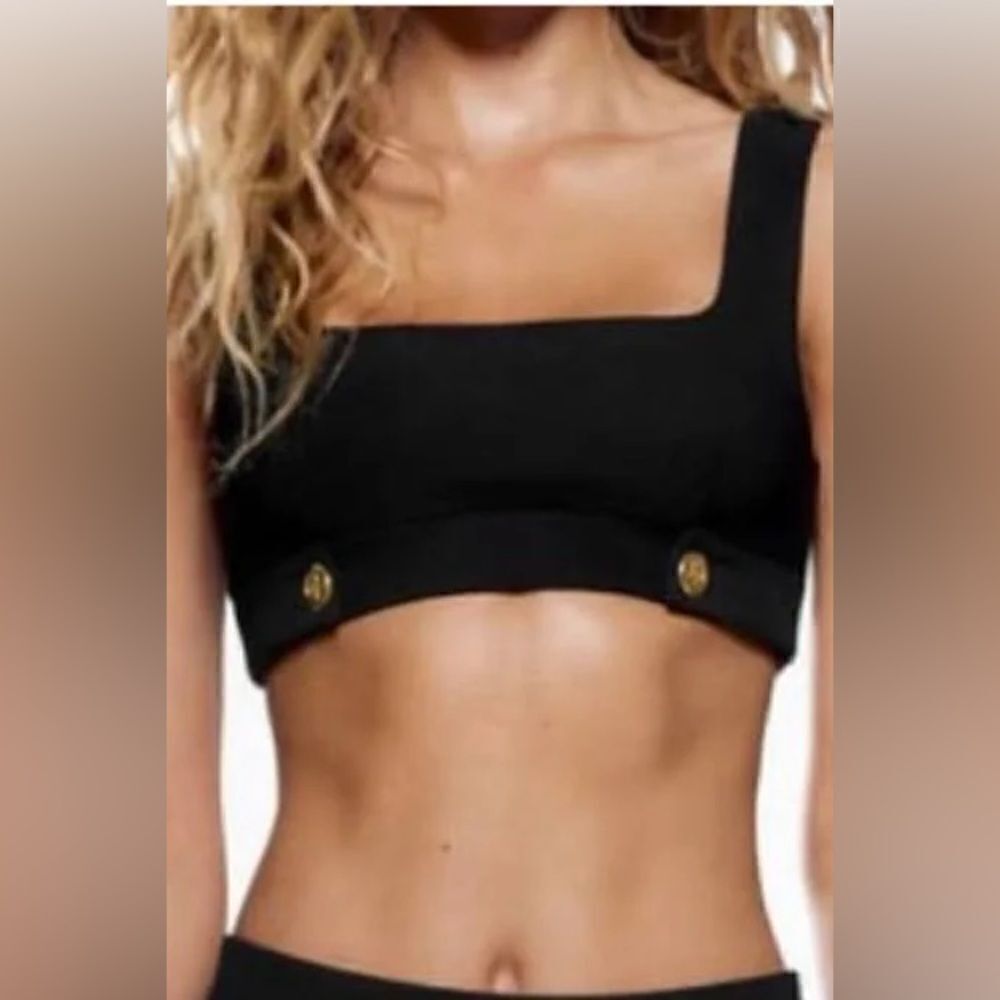Zara Black Textured Ottoman Crop Top Black with Gold Buttons Large